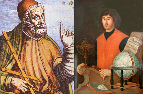Слева - Птолемей, справа - Коперник. 
